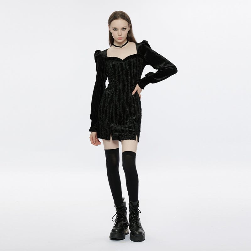 PUNK RAVE Women's Gothic Puff Sleeved Split Velvet Dress