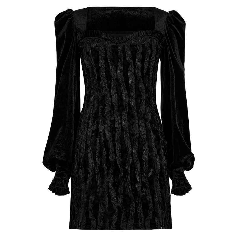PUNK RAVE Women's Gothic Puff Sleeved Split Velvet Dress