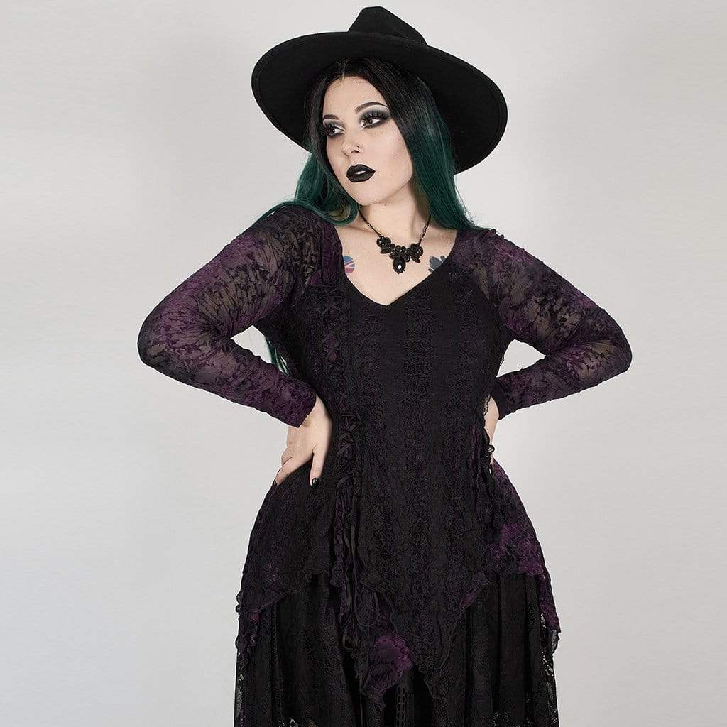 Women's Gothic Punk Black and Violet Long Sleeved Asymmetrical Hemline Top
