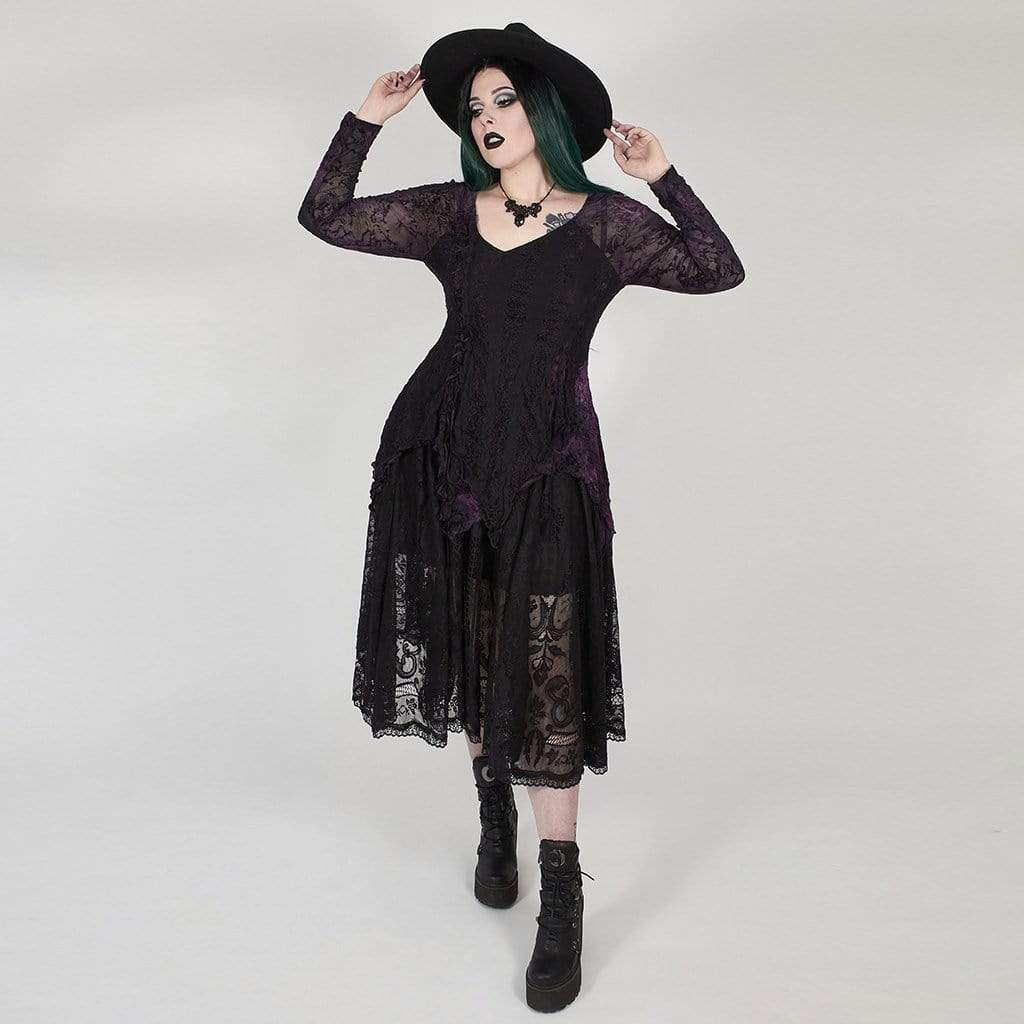Women's Gothic Punk Black and Violet Long Sleeved Asymmetrical Hemline Top