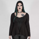 Women's Gothic Punk Black Asymmetrical Full Sleeve Top with Scoop Neck