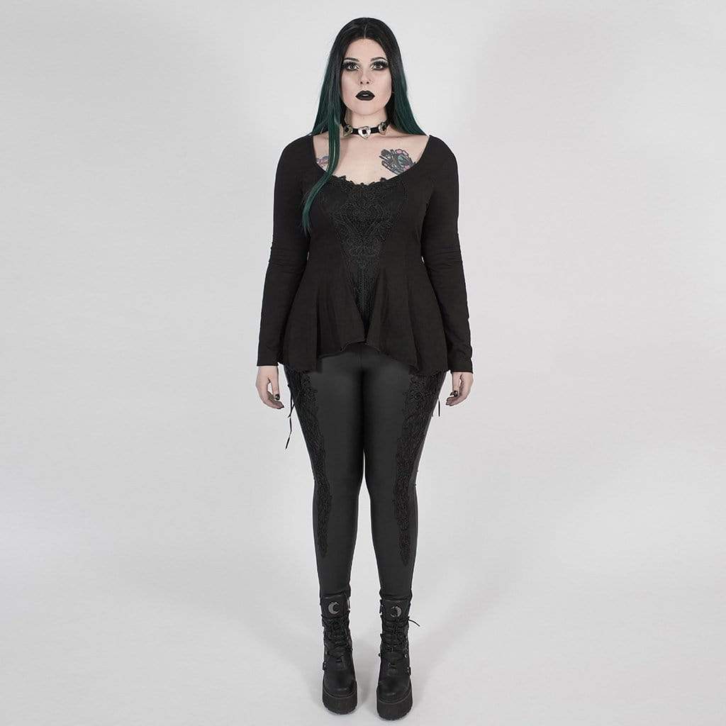 Women's Gothic Punk Black Asymmetrical Full Sleeve Top with Scoop Neck