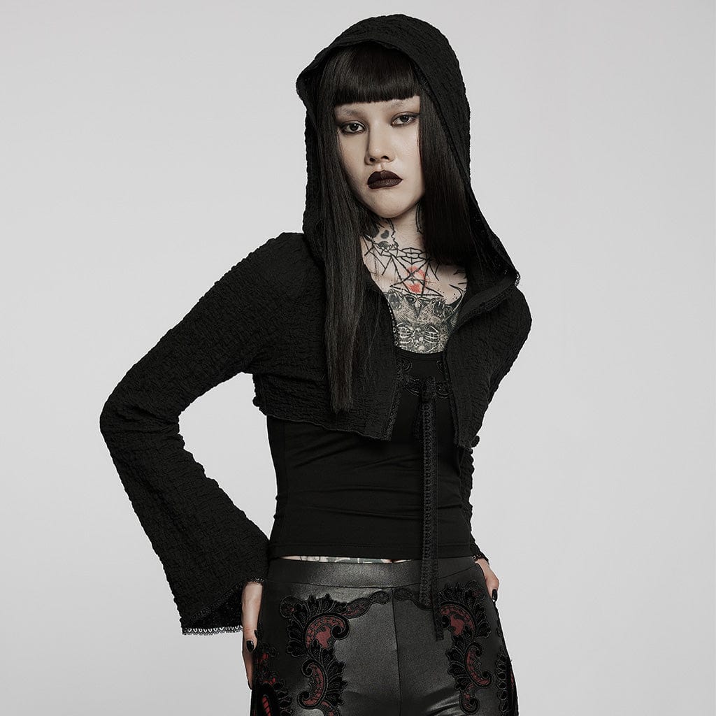 PUNK RAVE Women's Gothic Punk Flare Sleeved Knitted Short Jacket with Hood