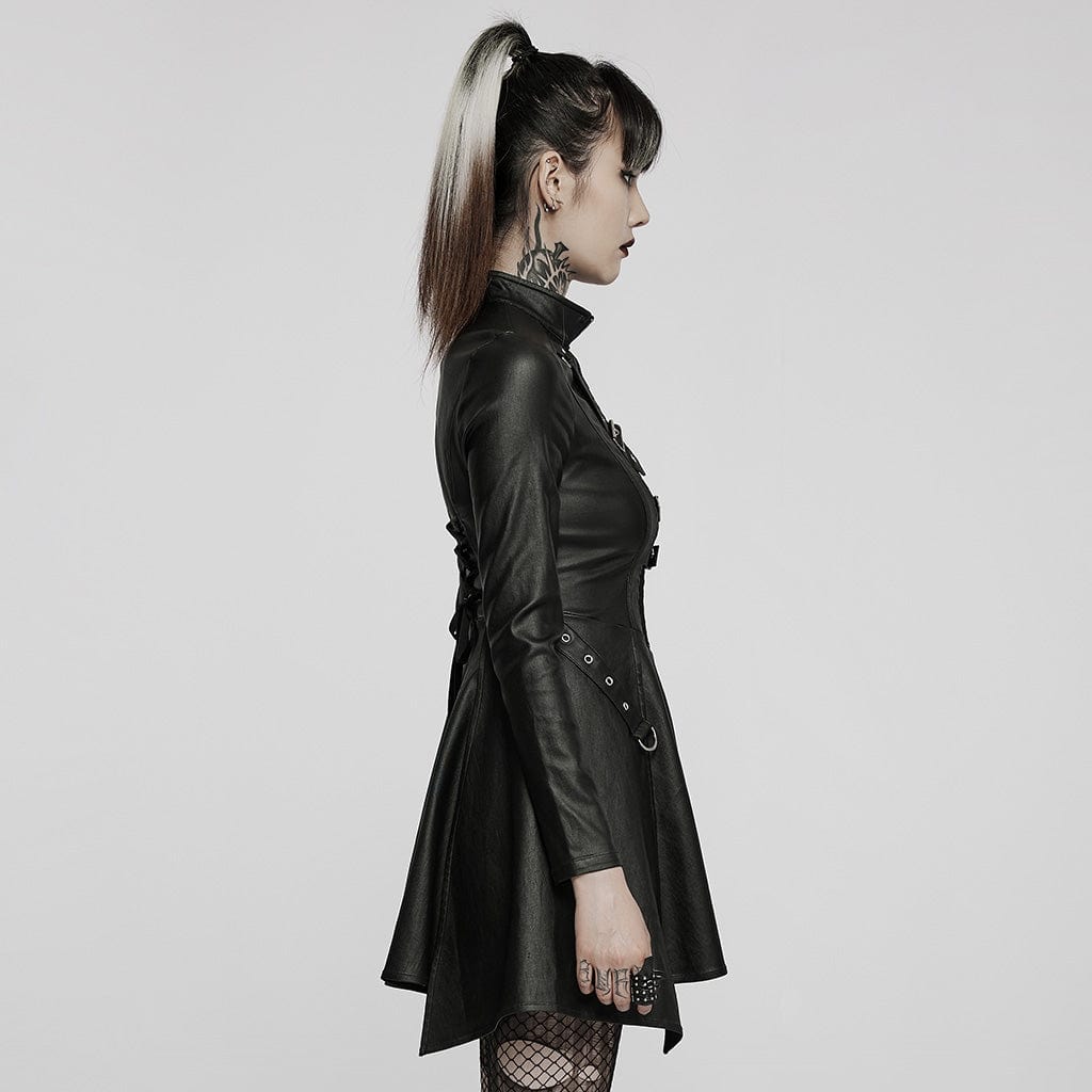 PUNK RAVE Women's Gothic Punk Front Zip Faux Leather Long Sleeved Dress