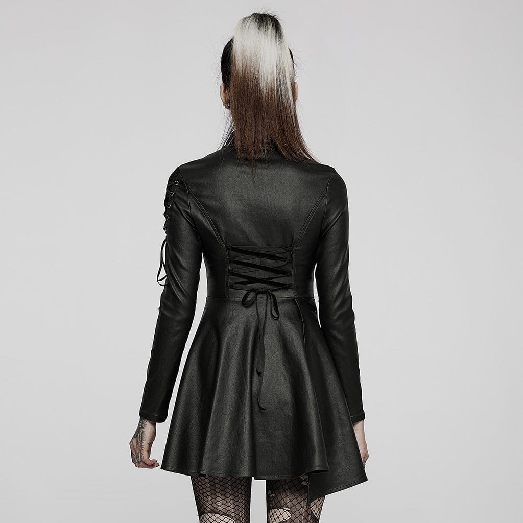 PUNK RAVE Women's Gothic Punk Front Zip Faux Leather Long Sleeved Dress