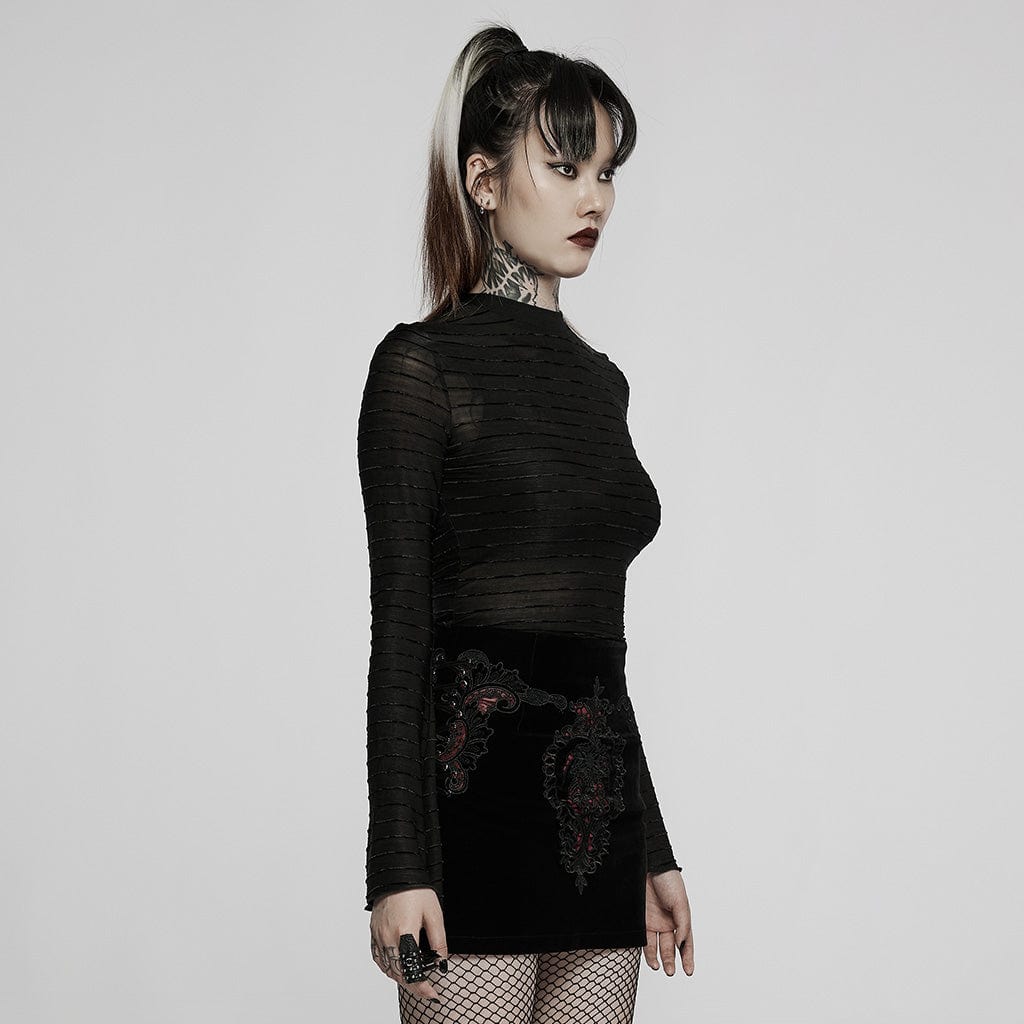 PUNK RAVE Women's Gothic Punk Irregular Hem Stripes Long Sleeved Shirt
