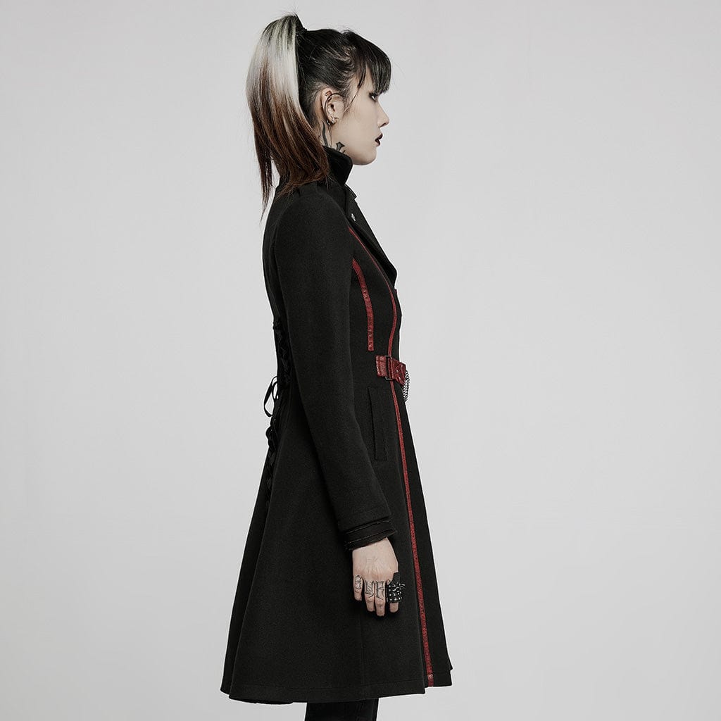 PUNK RAVE Women's Gothic Punk Turn-down Collar Front Zip Winter Long Coat