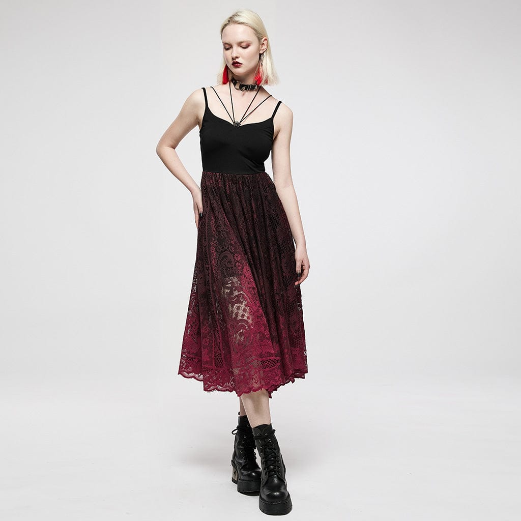 Punk Rave Women's Gothic Red Gradient Floral Lace Slip Dress