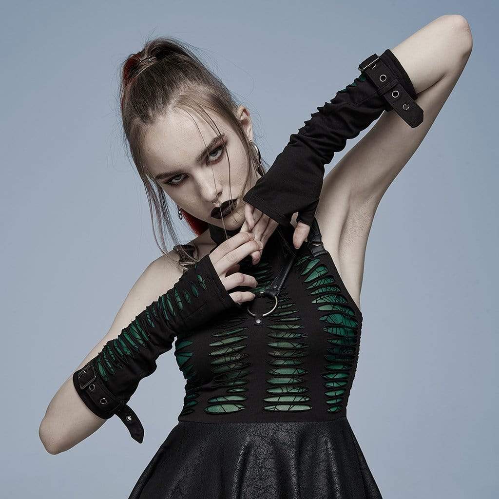 Punk Rave Women's Gothic Ripped Buckle Long Gloves