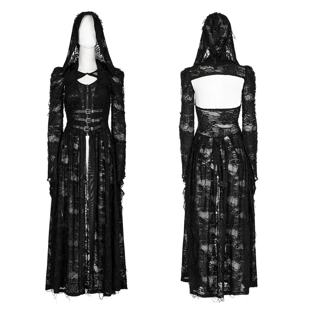 PUNK RAVE Women's Gothic Ripped Two-piece Coat with Hood