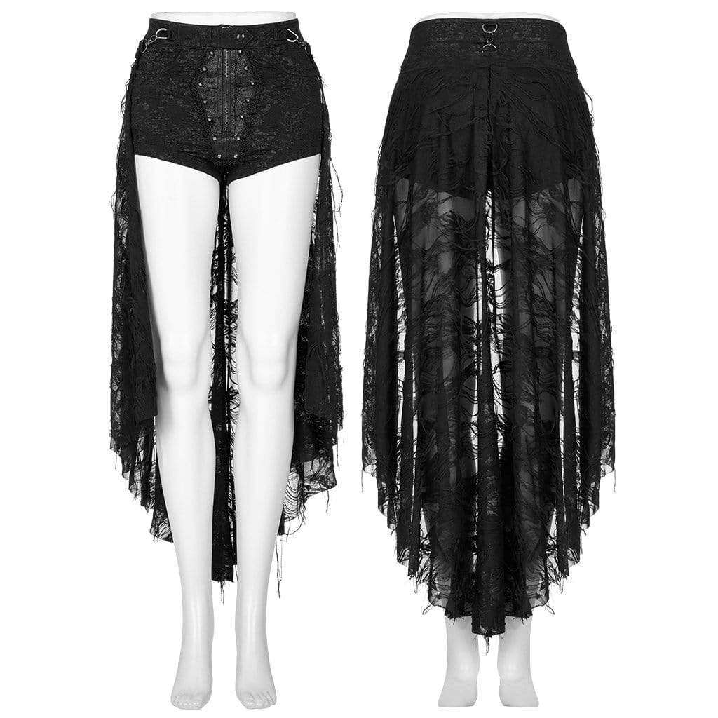 Punk Rave Women's Gothic Ripped Zipper Short with Mesh Overskirt
