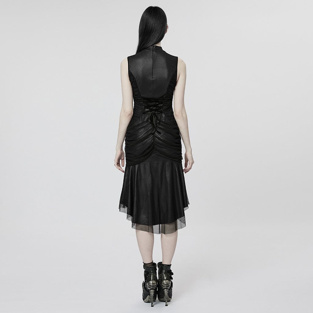 PUNK RAVE Women's Gothic Ruched Mesh Fishtail Dress