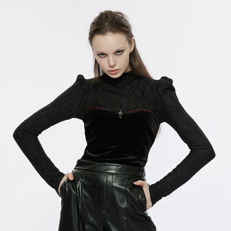 PUNK RAVE Women's Gothic Ruched Shirt with Velvet Tank Top