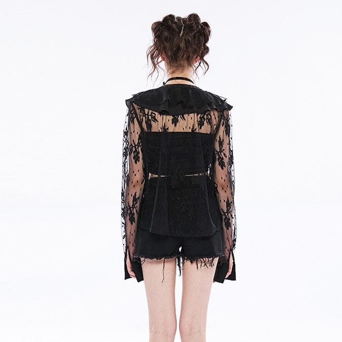 PUNK RAVE Women's Gothic Ruffles Floral Lace Shirt