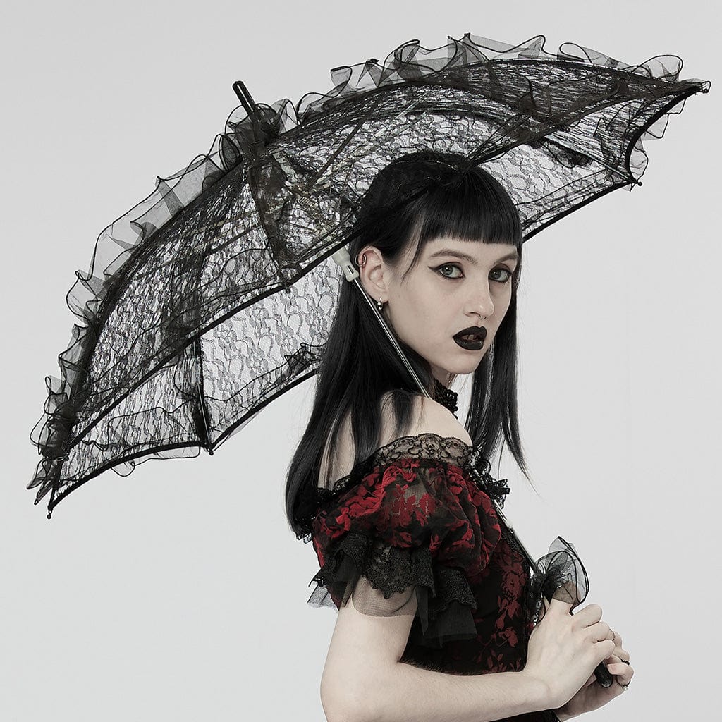 PUNK RAVE Women's Gothic Ruffles Lace Umbrella