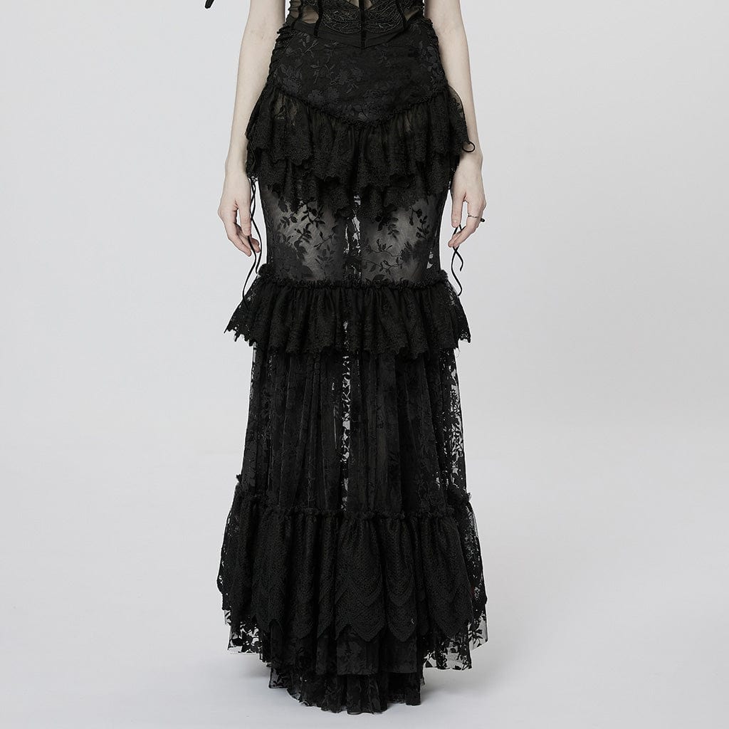 PUNK RAVE Women's Gothic Ruffles Layered Lace Skirt
