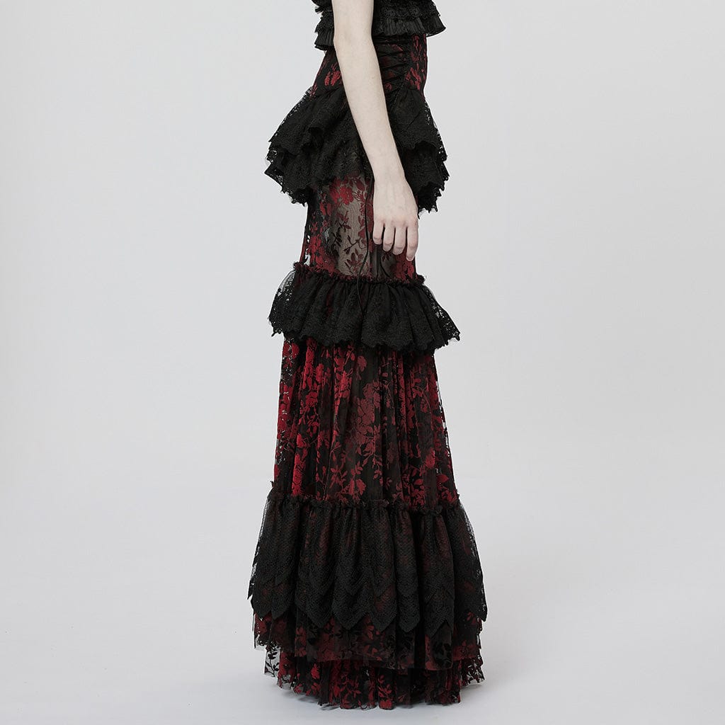 PUNK RAVE Women's Gothic Ruffles Layered Lace Skirt