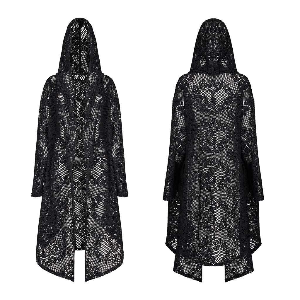 PUNK RAVE Women's Gothic Sheer Floral Mesh Long Coat with Hood