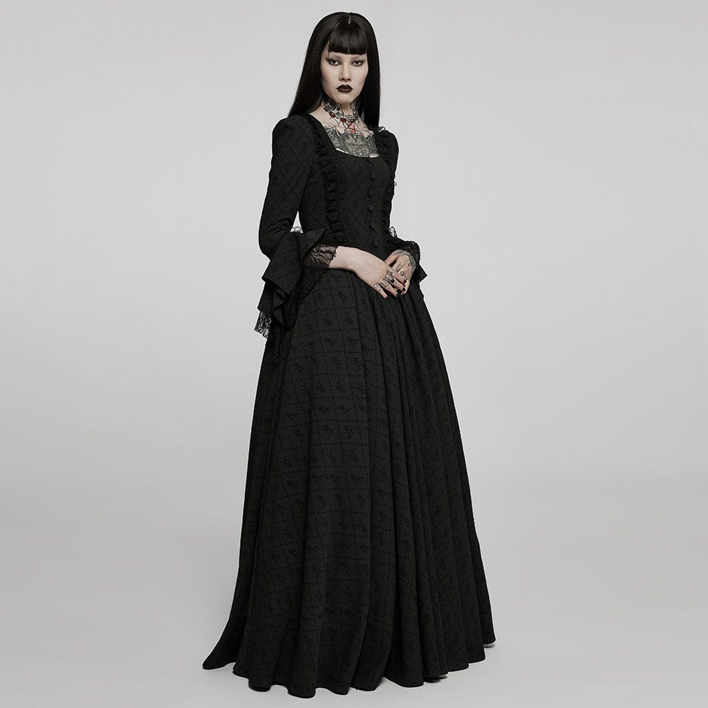 PUNK RAVE Women's Gothic Square Collar Flare Sleeved Lace Maxi Dress Wedding Dress