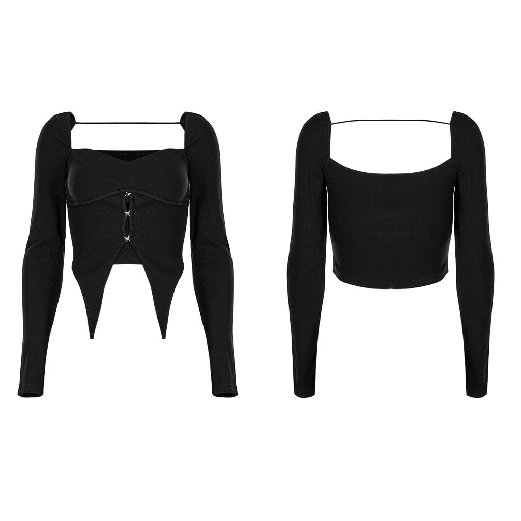 PUNK RAVE Women's Gothic Square Collar Long-sleeved Crop Top