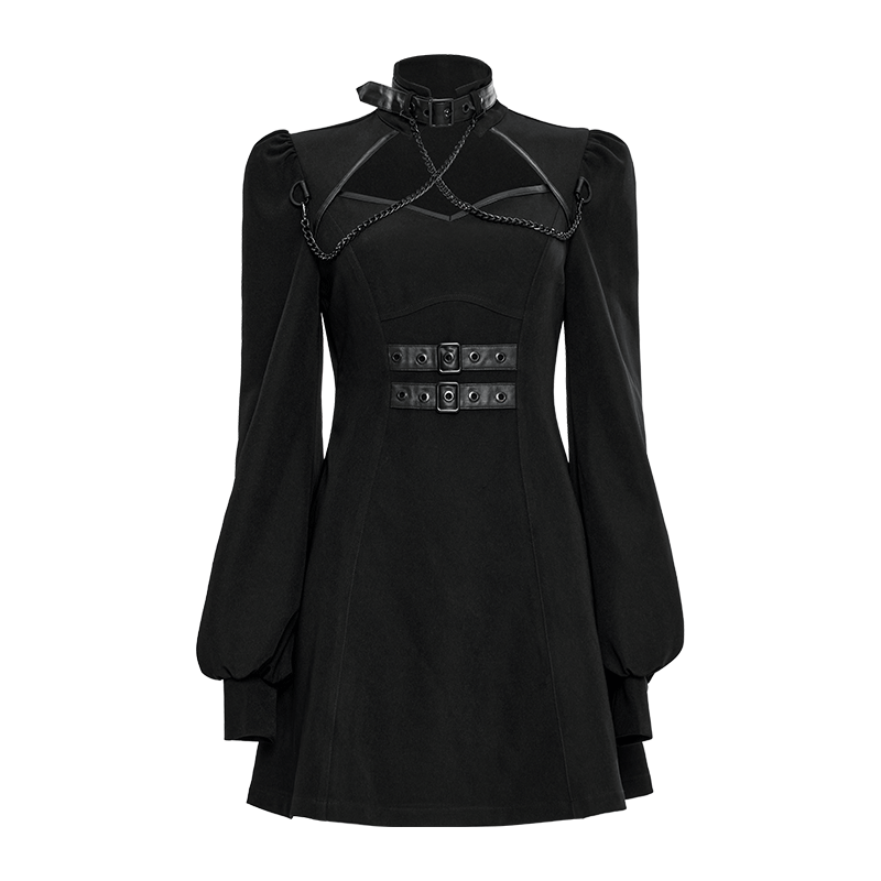 PUNK RAVE Women's Gothic Stand Collar Cutout Buckle Dress