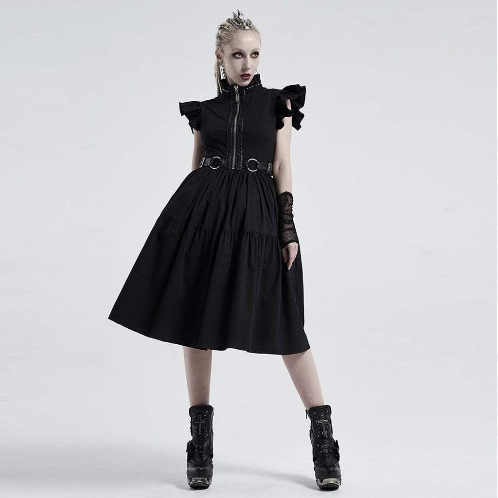 Women's Gothic Stand Collar Front Zip Back Strappy Dresses