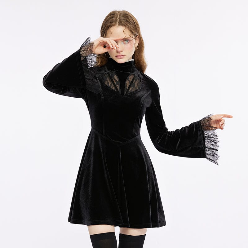 PUNK RAVE Women's Gothic Stand Collar Lace Splice Velvet Dress