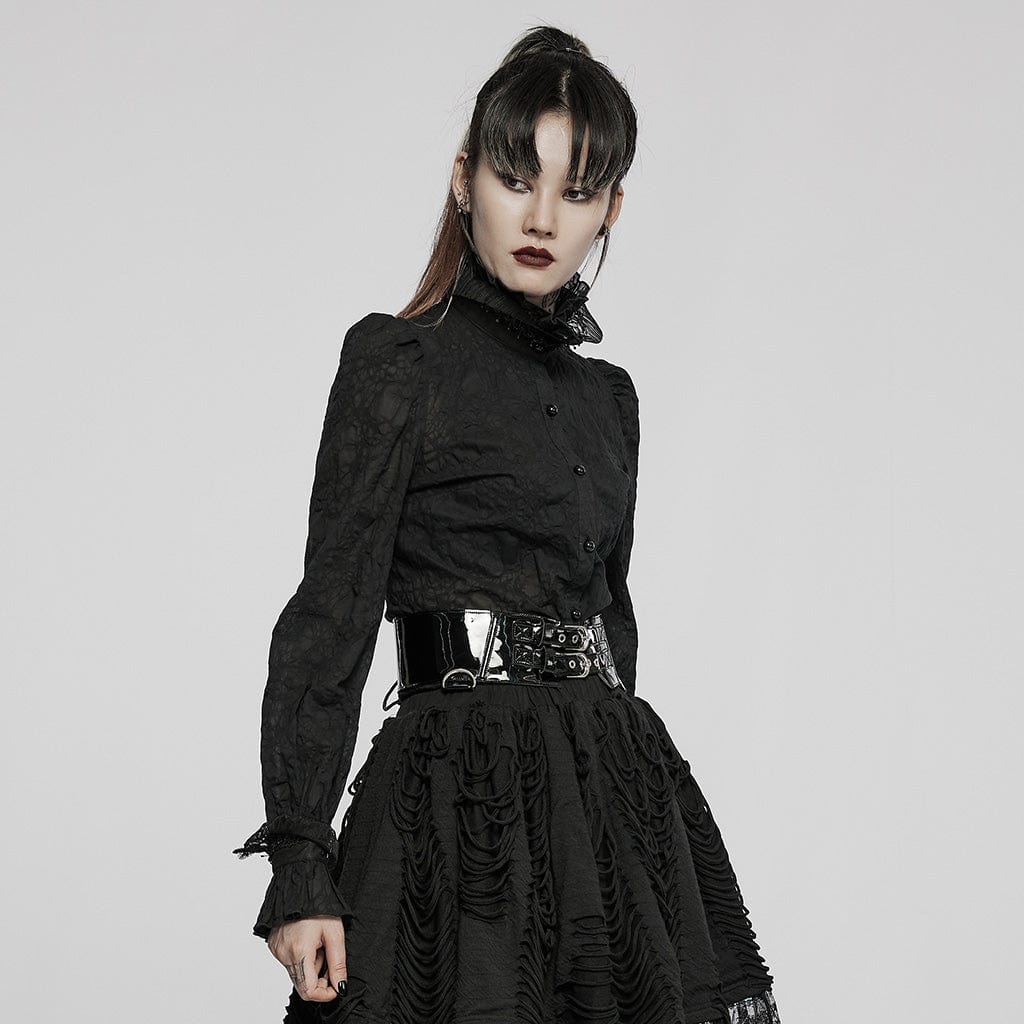 PUNK RAVE Women's Gothic Stand Collar Puff Sleeved Lace Shirt