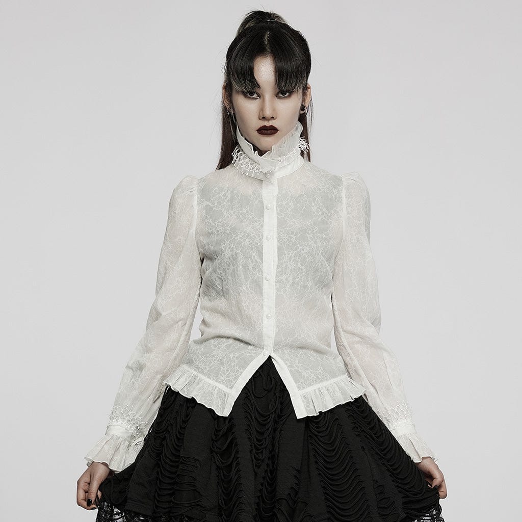 PUNK RAVE Women's Gothic Stand Collar Puff Sleeved Lace Shirt