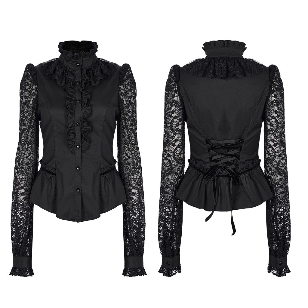 PUNK RAVE Women's Gothic Stand Collar Ruffles Lace Shirt
