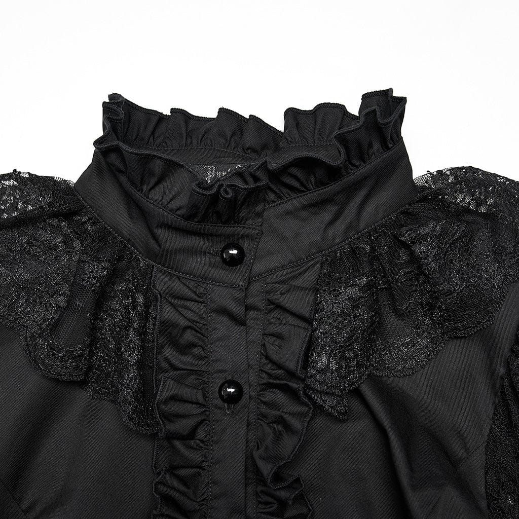 PUNK RAVE Women's Gothic Stand Collar Ruffles Lace Shirt