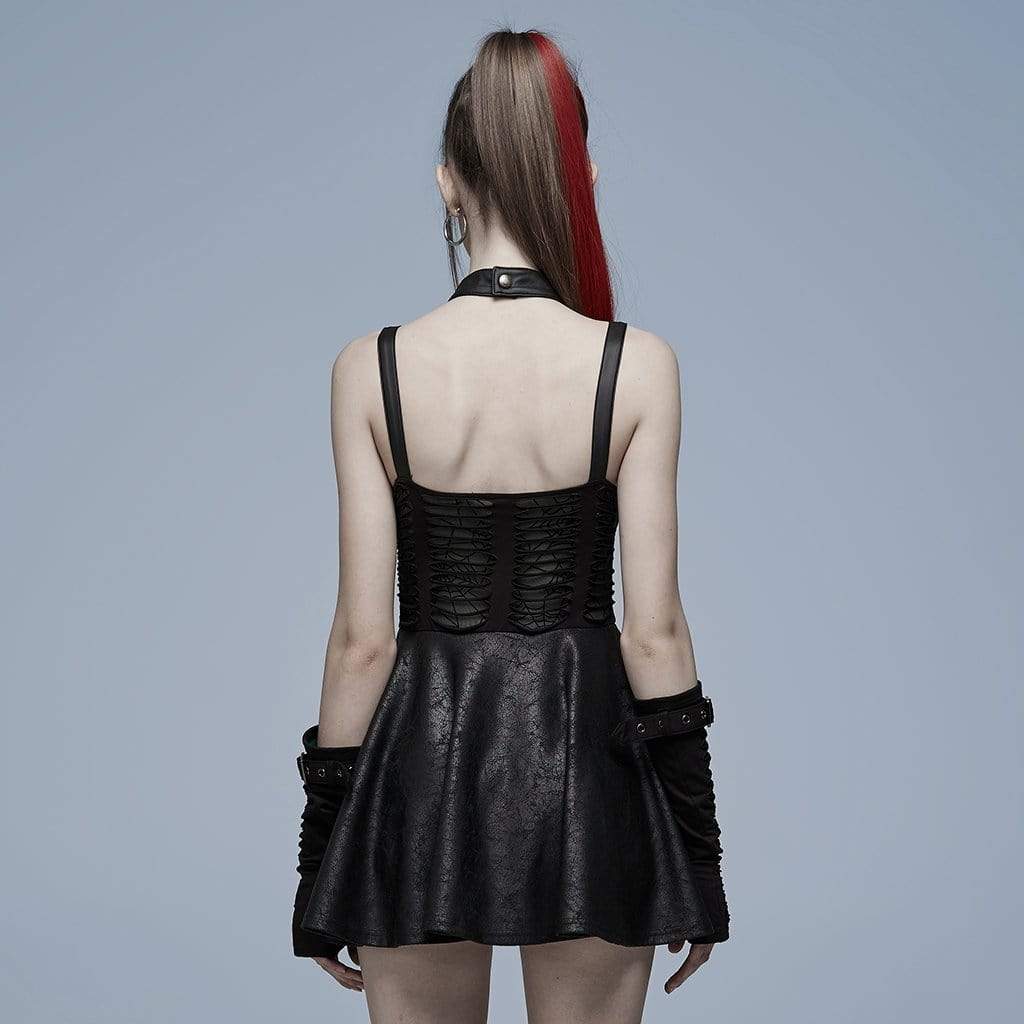 Punk Rave Women's Gothic Stand Collar Splice Ripped Slip Dress