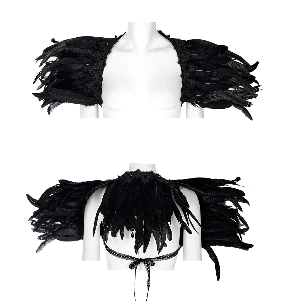 PUNK RAVE Women's Gothic Strappy Feather Cape