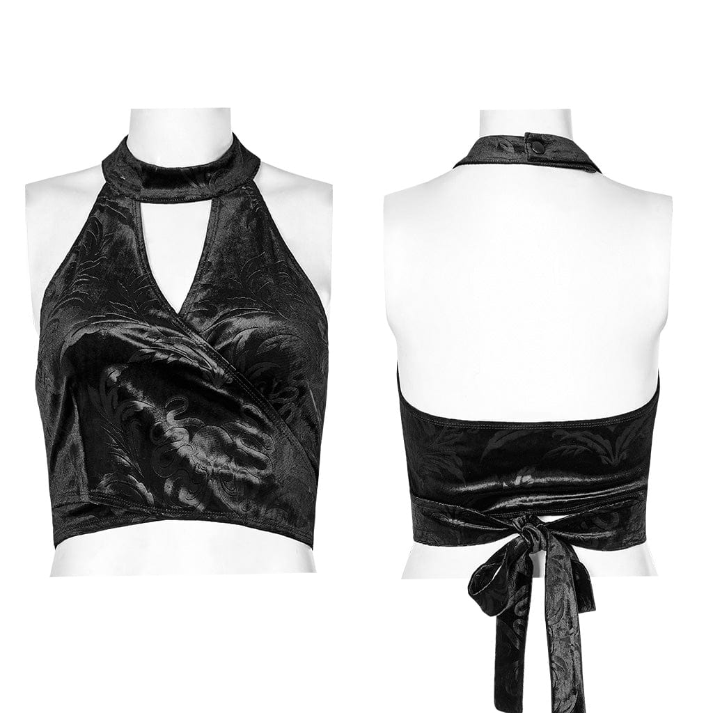 PUNK RAVE Women's Gothic Strappy Halterneck Embossed Velvet Bustier