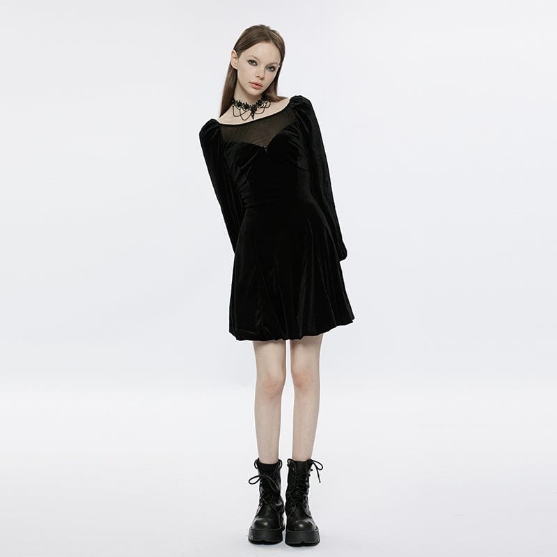 PUNK RAVE Women's Gothic Strappy Puff Sleeved Velvet Dress