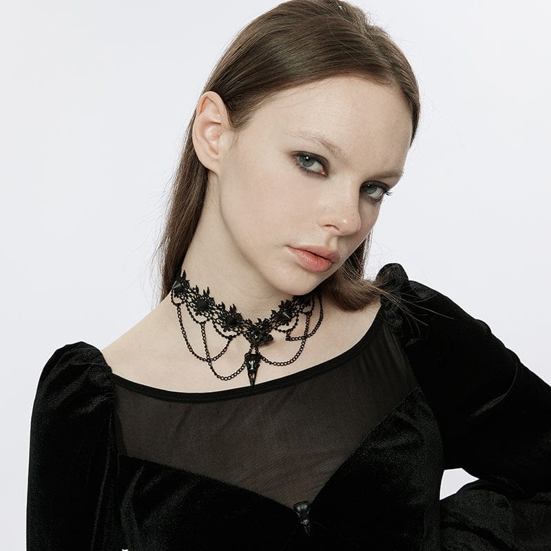 PUNK RAVE Women's Gothic Strappy Puff Sleeved Velvet Dress