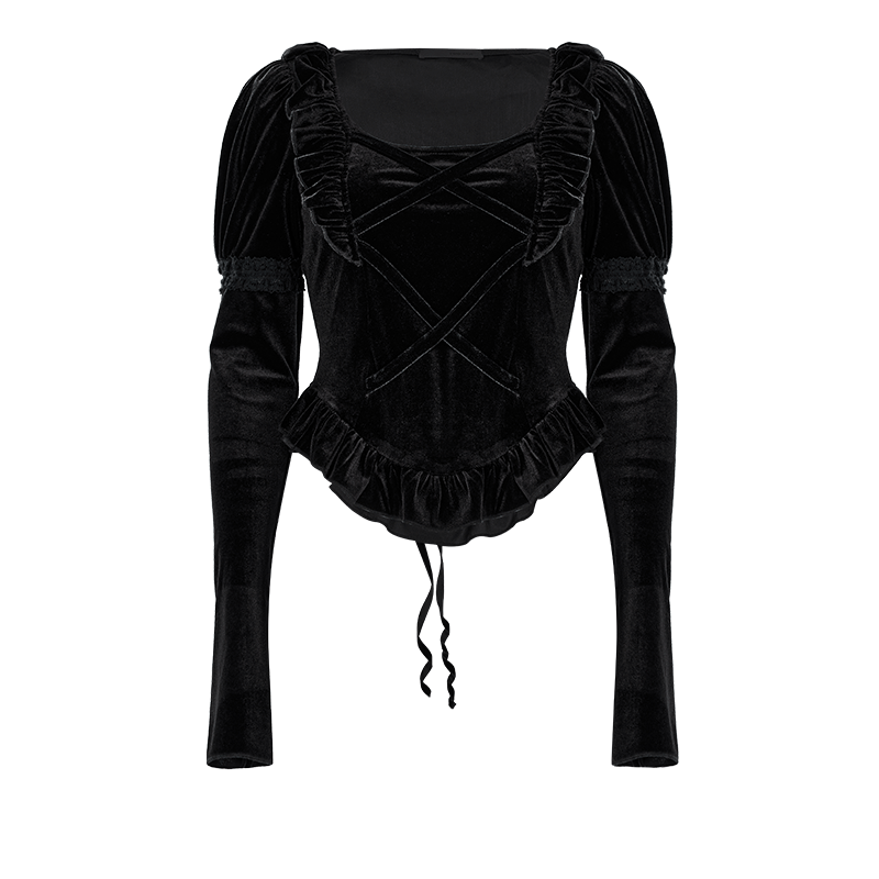 PUNK RAVE Women's Gothic Strappy Puff Sleeved Velvet Shirt