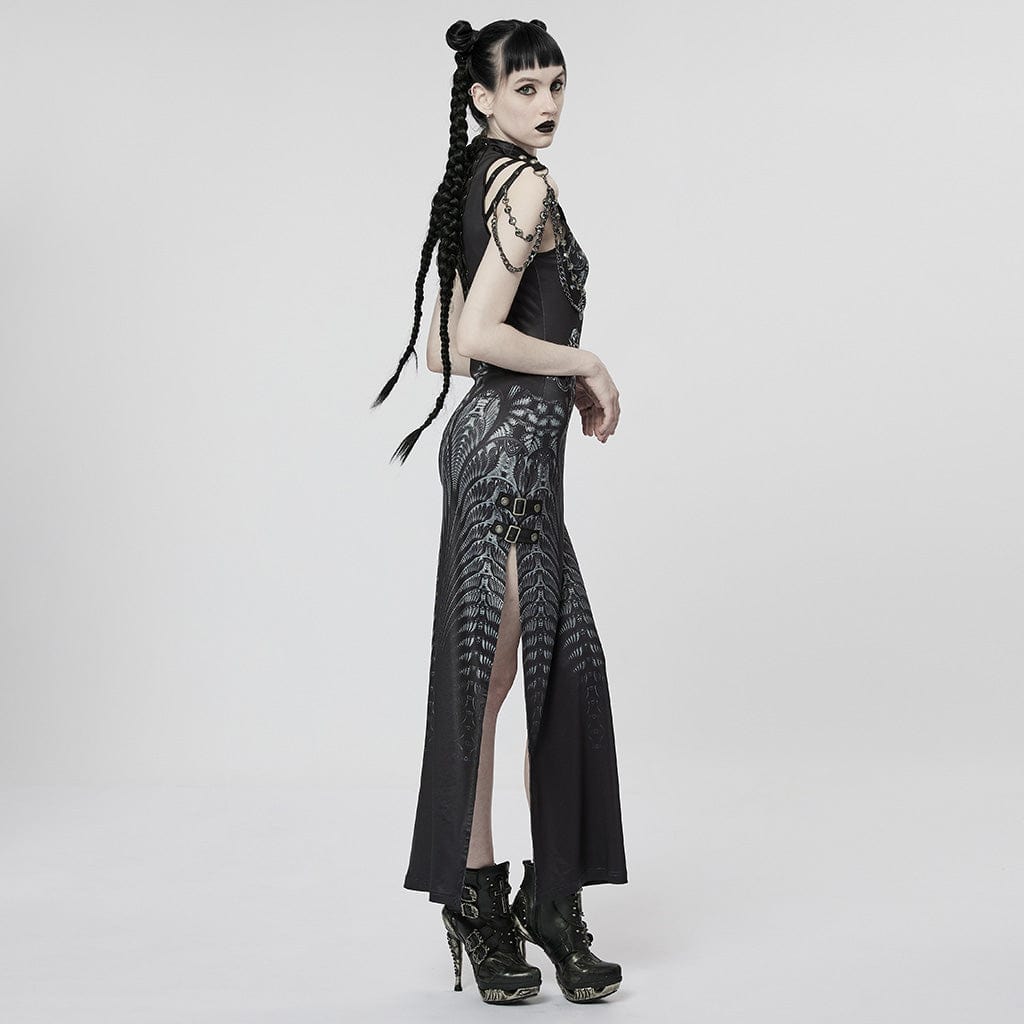 PUNK RAVE Women's Gothic Strappy Side Slit Dress with Chain