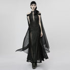 PUNK RAVE Women's Gothic Strappy Side Slit Dress with Detachable Cape