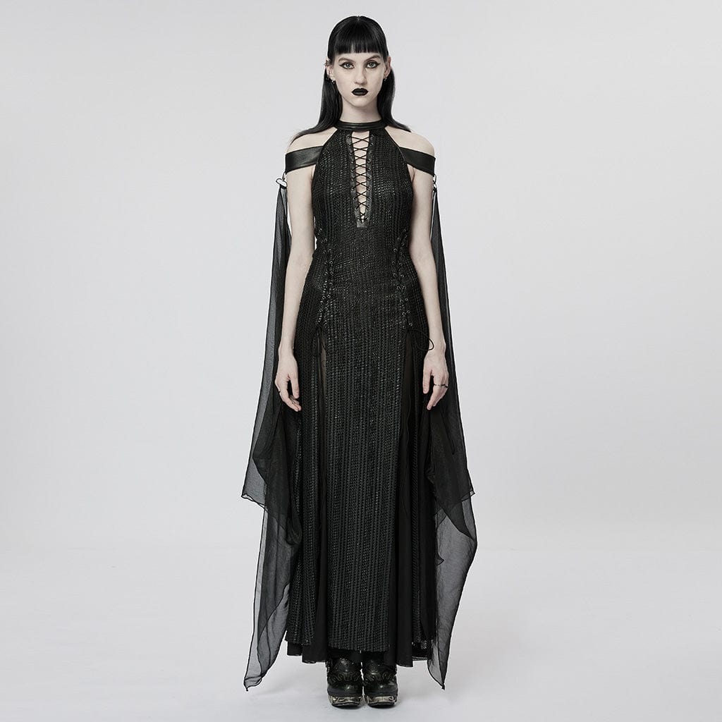PUNK RAVE Women's Gothic Strappy Side Slit Dress with Detachable Cape
