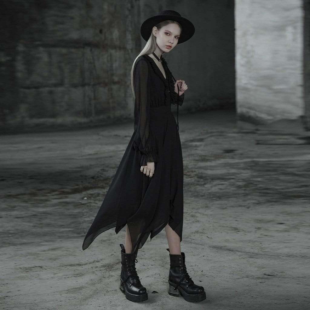 Women's Gothic V-neck Long Sleeved Irregular Hem Chiffon Dresses