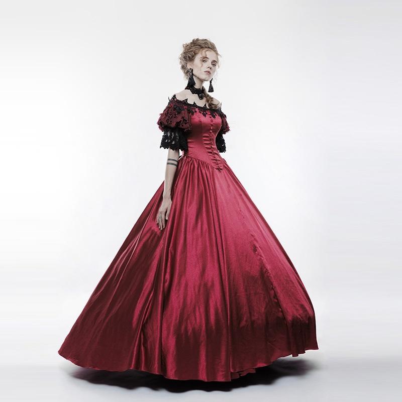 Women's Gothic Vintage Off Shoulder Bubble Sleeve Long Dress Red