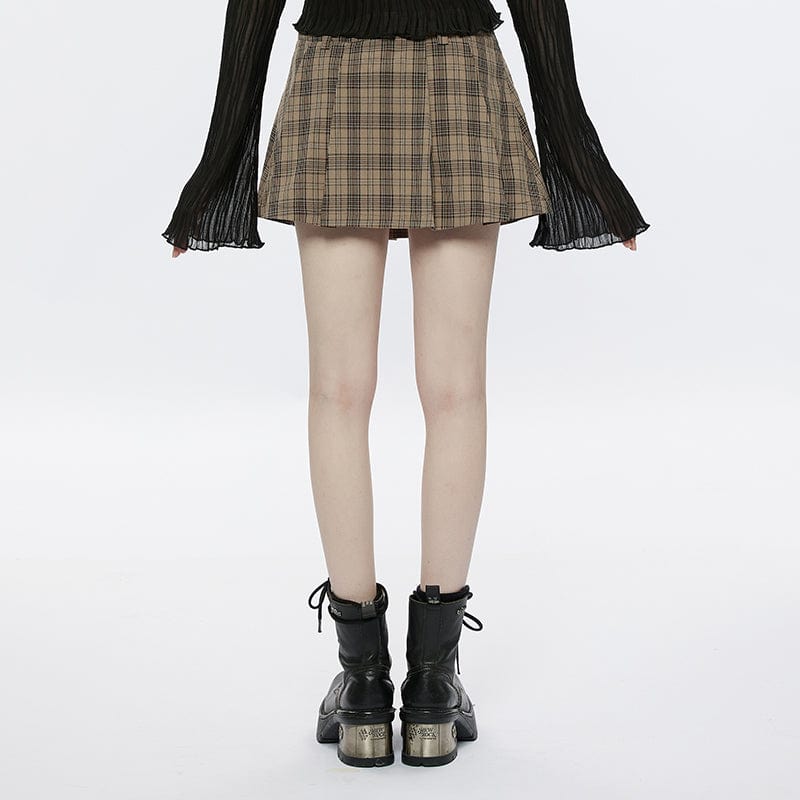 PUNK RAVE Women's Grunge Big-pocket Plaid Pleated Skirt