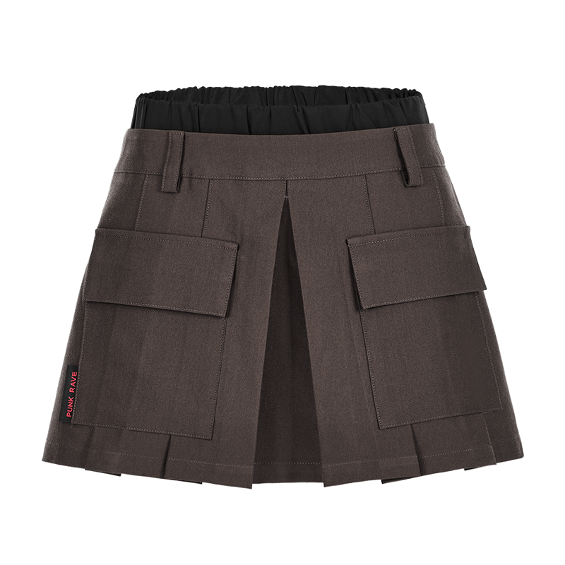 PUNK RAVE Women's Grunge Big-pocket Plaid Pleated Skirt