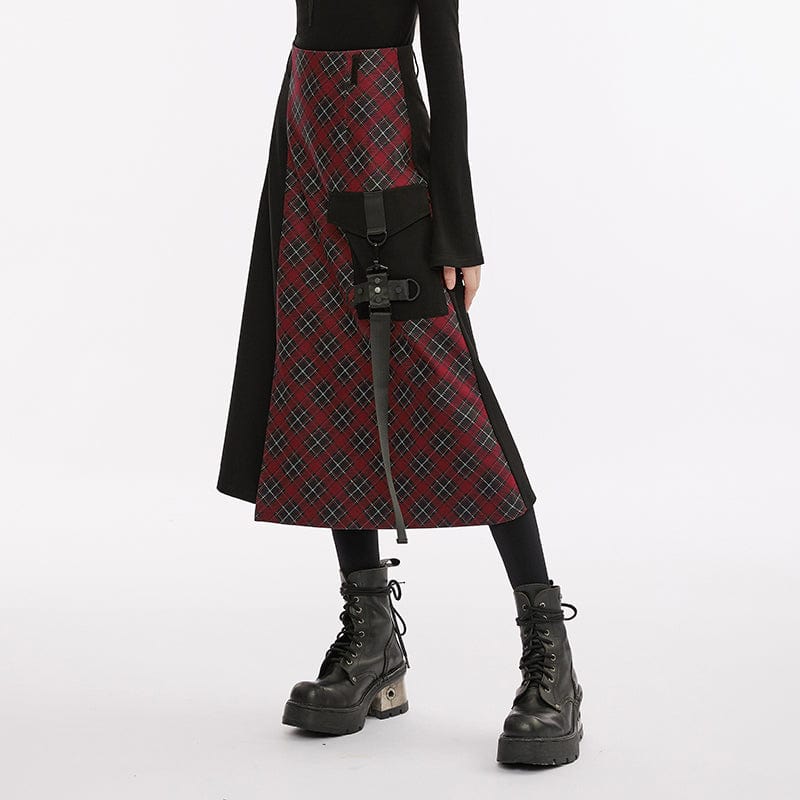 PUNK RAVE Women's Grunge Big-pocket Plaid Splice Skirt