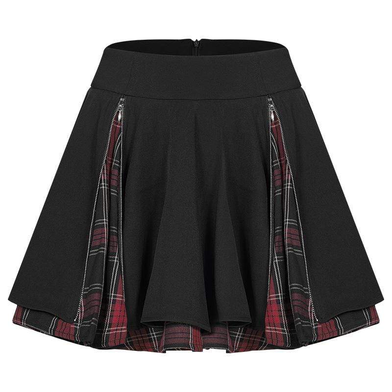 Women's Grunge Black Skirts Splicing Zips Plaid Skirts