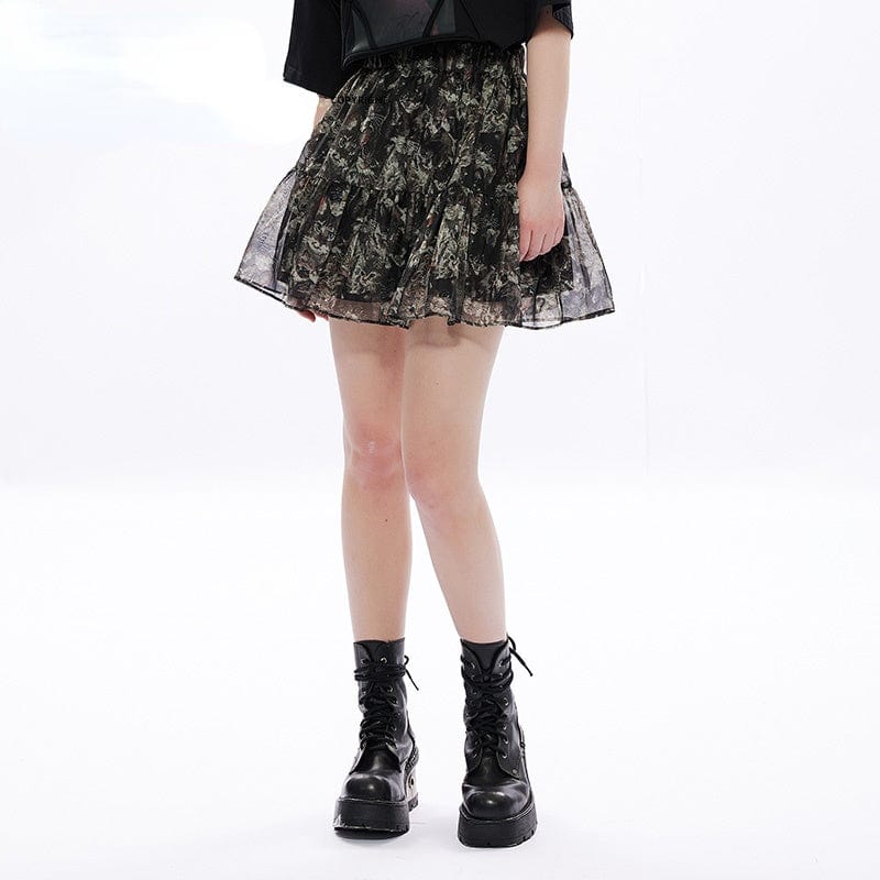 Punk Rave Women's Grunge Cat Printed Chiffon Short Skirt