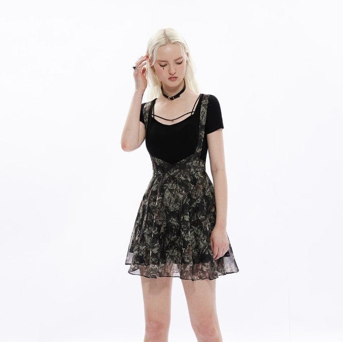 Punk Rave Women's Grunge Cat Printed Chiffon Suspender Skirt Slip Dress