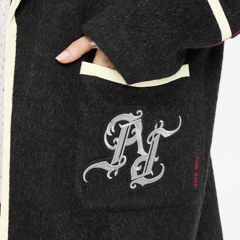 PUNK RAVE Women's Grunge Double Color Letter Embroidered Coat