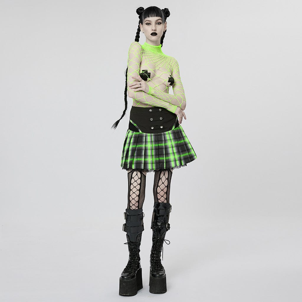 PUNK RAVE Women's Grunge Double Color Plaid Pleated Skirt